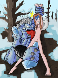 1boy 1girls aged_up areolae barefoot blue_eyes blue_face breasts brown_eyes brown_hair clenched_teeth cowboy_hat digimon digimon_(species) digimon_adventure digiphilia drz_nsfw feet female flat_chest holding_arms human hyougamon ice ice_dildo ice_in_pussy ice_insertion insertion interspecies large_insertion licking licking_stomach male mimi_tachikawa muscular_male nipples nude nude_female ogre pussy rape skinny small_breasts snow straight toes too_big vaginal_insertion white_hair