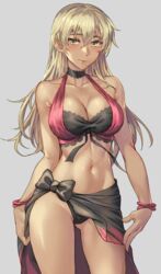 1girls absurdres alternate_costume bikini black_bikini blonde_hair blush breasts cleavage commission cosplay dark-skinned_female dark_skin dorothea_arnault_(cosplay) dorothea_arnault_(summer)_(cosplay) female fire_emblem fire_emblem:_the_binding_blade highres igrene_(fire_emblem) kokuzou large_breasts long_hair looking_at_viewer mole mole_under_eye nintendo sarong sarong_aside skeb_commission smile solo solo_female swimsuit yellow_eyes