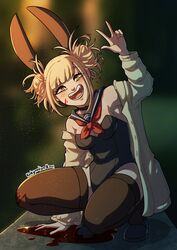 1girls blonde_hair blood blood_on_face blood_puddle bunny_ears bunny_girl bunnysuit fangs female female_only hi_res himiko_toga kinkymation kneeling leaning_on_hand looking_at_viewer my_hero_academia off_shoulder peace_sign shaded smile solo solo_female stockings sweater twin_buns yellow_eyes