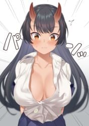 bangs black_hair blush breasts bursting_breasts buttons collarbone female flying_button highres horns large_breasts long_hair looking_at_viewer oni oni_horns orange_eyes origamine_ouka original pleated_skirt popped_button shirt simple_background skirt solo takunomi wardrobe_malfunction white_shirt