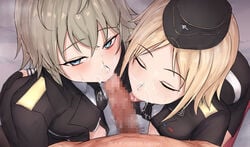 1boy 2girls :>= ass_grab bangs black_gloves blonde_hair blue_eyes censored closed_eyes collaborative_fellatio cum cum_on_clothes eyebrows_visible_through_hair facial fellatio ffm_threesome garrison_cap girls'_frontline gloves grabbing_another's_ass grey_hair groping group_sex hat highres jacket licking licking_penis looking_at_viewer military military_uniform mizukamakiri mosaic_censoring mp40_(girls'_frontline) mp41_(girls'_frontline) multiple_fellatio multiple_girls necktie oral penis pov short_hair straight teamwork threesome tongue tongue_out uniform