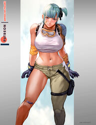 1girls armor asymmetrical_clothes bandaid bandaid_on_cheek bandaid_on_knee black_gloves black_ribbon blue_eyes breasts bulma bulma_briefs covered_nipples crop_top dragon_ball dragon_ball_(classic) elbow_pads female gloves goggles goggles_around_neck green_hair hair_ribbon holster kasai_x3 large_breasts lejeanx3 looking_at_viewer navel one_side_up pants patreon_username pauldrons ribbon short_hair shoulder_armor single_elbow_pad single_pantsleg single_pauldron sleeveless solo teal_hair teenage_bulma teenage_girl teenager thick_thighs thigh_holster thighs twitter_username watermark web_address wild_rider_suit