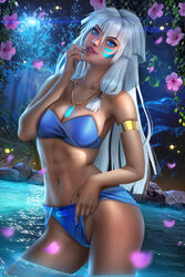 1girls armwear atlantis:_the_lost_empire ayyasap blue_eyes cleavage crystal_necklace dark-skinned_female dark_skin disney female flower human kida long_hair looking_at_viewer neckwear night partially_submerged standing_in_water underwear voluptuous white_hair