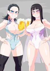 2girls beer beer_mug big_breasts big_thighs black_hair black_thigh_highs black_thighhighs blue_eyes blue_swimsuit blue_swimwear blush cape choker crowd curvaceous curvy curvy_figure drunk feathers female female_focus froth frothing furrowed_eyebrows gray_background grey_background hair hand_on_hip hime_cut holding_cup holding_mug holding_object humiliation in_public kamen_rider kamen_rider_zi-o_(series) long_hair mug multiple_girls ora_(kamen_rider_zi-o) otokam1117 posing public public_humiliation red_cheeks red_feather smile smiling sweat swimsuit thick_thighs thigh_highs thighhighs thighs tsukuyomi_(kamen_rider_zi-o) voluptuous white_cape white_choker white_swimsuit