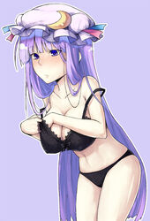 1girls adjusting_bra adjusting_clothes bare_shoulders black_bra black_panties blush body_blush bra breast_hold breast_suppress breasts cleavage collarbone crescent crescent_hat_ornament dressing hand_in_bra hand_in_own_bra hat hat_ornament hiroya_juuren large_breasts lingerie long_hair panties patchouli_knowledge purple_eyes purple_hair solo standing touhou underwear underwear_only