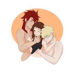 1girls 2boys eijirou_kirishima hand_on_face hand_under_clothes katsuki_bakugou kissing_shoulder my_hero_academia ochako_uraraka partially_clothed partially_nude romantic sandwiched shirt_lift shirtless tank_top threesome undressing wasteofjace wholesome