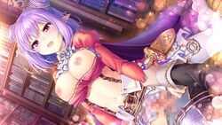 1boy bangs blush bookshelf breasts cape cowgirl_position double_bun dutch_angle eyebrows_visible_through_hair female game_cg garter_straps hair_between_eyes hair_ornament indoors iris_mysteria! large_breasts lens_flare long_hair midriff mosaic navel nipples official_art open_mouth pointy_ears purple_cape purple_hair red_eyes saliva saliva_trail sex shiny shiny_hair stomach straddling straight thighhighs vaginal_penetration valeria_ristie_de_serbanescu white_legwear wrist_grab wrist_pull_cowgirl