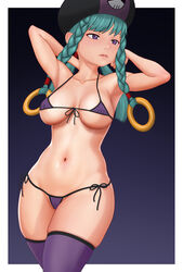 aethosart aqua_hair armpits arms_behind_head bangs bikini blunt_bangs braid breasts collarbone curvy female hair_ornament hat kuroi_miyuki large_breasts long_hair looking_back mega_man mega_man_battle_network micro_bikini navel o-ring outside_border parted_lips purple_background purple_bikini purple_eyes purple_legwear side-tie_bikini skindentation solo stomach swimsuit thighhighs twin_braids