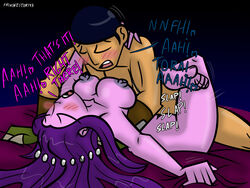 1boy 1girls 2020 bed big_breasts black_background blue_hair blush breasts cleavage closed_eyes commission english_text ezra_bridger frikineitor143 interspecies long_hair nipples on_back open_mouth pink_skin purple_hair short_hair simple_background spread_legs star_wars star_wars_rebels text tora_(frikineitor143) watermark zeltron