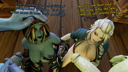 2021 2girls 3d alliance_(warcraft) bavakinin blizzard_entertainment breasts dialogue elf elf_female female group horde human_female human_mage hunter_(warcraft) jaina_proudmoore light-skinned_female light_skin mage_(warcraft) male male/female on_knees orc orc_male pointy_ears sylvanas_windrunner text troll troll_(warcraft) troll_male two_tone_hair warcraft world_of_warcraft