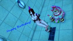 1girls 2020 3d asphyxiation birthday birthday_cake birthday_hat bondage bowtie chains drowning erza_scarlet fairy_tail flowers gift grate kari_uw_(artist) koikatsu naked nipples nude pool red_hair tattoo text underwater water