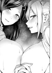 2girls :d areolae blush breast_press breasts breasts_out diisuke fingernails greyscale heart heart-shaped_pupils interlocked_fingers large_breasts long_hair looking_at_viewer looking_to_the_side monochrome multiple_girls nijisanji nipple-to-nipple open_mouth parted_lips shirayuki_tomoe smile sukoya_kana sweat sweater symbol-shaped_pupils symmetrical_docking virtual_youtuber yuri