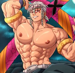 abs armbands armlet baobaoart bara big_pecs demon_slayer facepaint facial_mark gold_(metal) grin headband headwear jewelry kimetsu_no_yaiba looking_at_viewer male male_only muscles muscular muscular_male nipple_piercing obi pecs pierced_nipples red_eyes smile solo topless topless_male uzui_tengen veins veiny_muscles white_hair