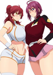 2girls ahoge big_breasts breast_press clothing eye_contact female female_only female_villain freckles freckles_on_face frown gundam gundam_00 gundam_seed gundam_seed_destiny hair_between_eyes hands_on_hips kloah long_sleeves lunamaria_hawke miniskirt nena_trinity pale-skinned_female pale_skin pink_hair pink_skirt purple_eyes red_hair red_shirt serious short_hair shorts shoulder_length_hair skirt thick_thighs thighs thunder_thighs twintails villainess white_shirt white_shorts wristband yellow_eyes