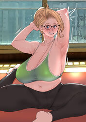 1girls armpit armpits arms_behind_head arms_up belly big_breasts black_yoga_pants blonde_hair blue_eyes blush breasts butcherboy clevage covered_nipples curvy embarrassed female female_focus female_only glasses green_sports_bra hair_bun heavy_blush huge_breasts indoors milf navel original original_character pale-skinned_female pale_skin plump pussy_bulge sideboob solo solo_female solo_focus sports_bra sweat sweatdrop thick_thighs thighs venus_body yoga yoga_mat yoga_pants