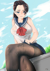 pantyhose ponytail rain_prophet sailor_uniform school_uniform schoolgirl see-through see-through_clothing thick_thighs thighs wet