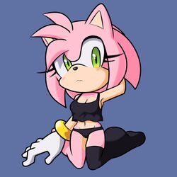 amy_rose animal_ears anthro blush bracelet cleavage embarrassed female fixink gloves hand_behind_head hedgehog midriff panties poking_head sega shirt solo sonic_(series) tail thighhighs