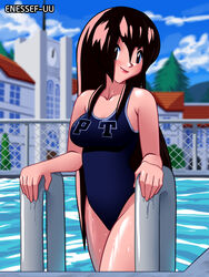 1girls blush brown_eyes brown_hair enessef-uu english_text giselle_(pokemon) lipstick looking_at_viewer one-piece_swimsuit pokemon pokemon_(anime) pokemon_rgby pool school school_swimsuit swimsuit text watermark wet wet_clothes wet_hair wet_skin