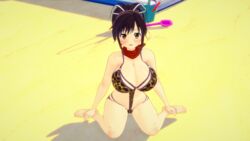 alternate_costume asuka_(senran_kagura) beach beach_mat bikini blush hair_ribbon large_breasts leopard_print senran_kagura shy_smile sunset xhion24