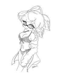 1girls alternate_costume bikini black_and_white bow bow_bikini breasts coat earrings female inkling inkling_girl joppun looking_at_viewer marie_(splatoon) nintendo no_color pointy_ears short_hair solo splatoon tentacle_hair