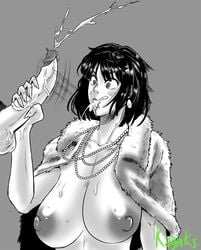 1boy 1girls big_breasts big_penis cum cum_in_mouth ejaculation fellatio fubuki_(one-punch_man) fur_coat handjob hi_res highres kaijinks large_breasts monochrome one-punch_man oral surprised topless