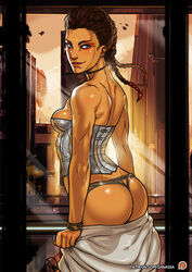 2d apex_legends ass braid breasts brown_skin cityscape clothing corset ear_piercing earrings female ganassa indoors jacket jacket_removed latina loba_(apex_legends) looking_at_viewer looking_back necklace pinup pose shiny_skin sideboob smile solo solo_focus twin_braids window wristband