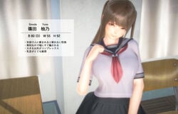 3d breasts brown_hair character_sheet crying hair_ornament large_breasts long_hair looking_at_viewer nervous original qr_(artist) school_uniform schoolgirl sinoda_yuno skirt text translated yellow_eyes