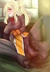 1girls black_clothes black_clothing blonde_hair blush blushing bodystocking breasts darkness_(konosuba) embarrassed feet kono_subarashii_sekai_ni_shukufuku_wo! large_breasts legs legs_apart legs_spread nipple_bulge pov_feet rain_prophet red_bow shy thighs toes yellow_clothes yellow_clothing