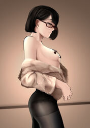 ass breasts covered_nipples glasses medium_breasts pantyhose profile rain_prophet short_hair small_breasts tagme thighs