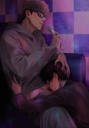 2boys bandage black_hair blowjob brown_hair closed_eyes clothed clothing coooga fellatio gay glasses head_grab karaoke karaoke_room killing_stalking male male/male male_on_male male_only microphone oh_sangwoo oral oral_sex penis_in_mouth pubes pubic_hair submissive submissive_male sweat sweatdrop yaoi yoon_bum