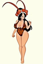 annin_(dragon_ball) areola_slip black_eyes black_hair dragon_ball dragon_ball_(classic) earrings headband headpiece long_hair looking_away nipple_bulge nipples one-piece_swimsuit simple_background superfernandoxt_(artist) swimsuit thick_thighs