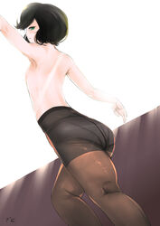 ass black_hair bubble_butt butt fringe green_eyes hair_over_one_eye heterochromia huge_ass kamura_(rain_prophet) no_bra pale-skinned_female pantyhose petite rain_prophet seductive_look short_hair skinny small_ass thick_thighs thighs