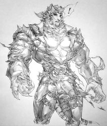 ! 1boy abs animal_ears arknights bara bare_pectorals beckoning black_tank_top chain_necklace cropped_legs erection fluffy furry gay greyscale harness highres kangnotrier large_pectorals looking_at_viewer male male_focus male_only male_pubic_hair monochrome mountain_(arknights) mountain_(dark_cloud)_(arknights) muscular muscular_male nipple_slip nipples official_alternate_costume pants partially_unbuttoned pectorals penis pubic_hair scar scar_across_eye short_hair solo spoken_exclamation_mark tank_top tiger_boy tiger_ears torn_clothes uncensored veins veiny_penis white_fur white_hair white_pants yaoi