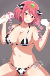 1girls 2021 2boys armpit_crease artist_request ass_visible_through_thighs bangs belly_button blush breasts censored censored_penis cleavage cow_ears cow_girl cow_print cow_print_bikini double_handjob embarrassed eyebrows_visible_through_hair female female_focus grey_background hair_ornament hand_on_penis handjob hi_res large_breasts legs_spread nintendo open_mouth penis pyra red_eyes red_hair short_hair side-tie_bikini simple_background swept_bangs swimsuit thick_thighs thighs tiara white_censor xenoblade_(series) xenoblade_chronicles_2