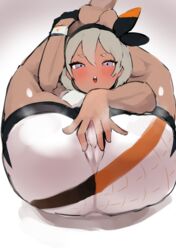 1girls ass bea_(pokemon) blush cameltoe eye_contact female grey_hair hair_ribbon looking_at_viewer nintendo pokemon pokemon_ss sexually_suggestive short_hair spread_pussy wasabi_sushi