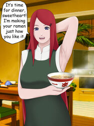 1girls armpit armpit_crease armpit_fetish armpit_peek armpit_sweat armpits body_odor dialogue dripping eyes female female_only fully_clothed herianforce holding holding_object kitchen kitchen_table mother naruto naruto_(series) naruto_shippuden noodles presenting_armpit ramen red_hair showing_armpits smile smiling smiling_at_viewer solo sweat sweat_drop sweat_drops sweatdrop text_box uzumaki_kushina white_skin