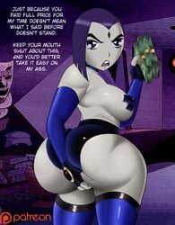 1girls ass choker dat_ass dc dc_comics dialogue doompypomp favorite grey_skin holding_butt looking_at_viewer money nipple_tape prostitute prostitution purple_eyes purple_hair rachel_roth raven_(dc) smooth_skin taped_nipples teen_titans text