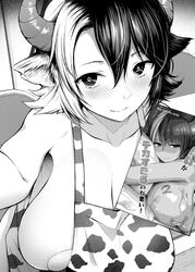 animal_ears animal_print apron blush breasts cleavage closed_mouth condom cow_ears cow_horns cow_print diisuke female greyscale hair_between_eyes holding horns huge_breasts looking_at_viewer manga_(object) medium_hair meta monochrome multicolored_hair naked_apron pornography smile solo touhou two-tone_hair urumi_ushizaki used_condom