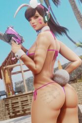 1girls 3d ass back_view bad_trigger_discipline big_ass bikini blizzard_entertainment brown_eyes bunny_ears bunny_tail cropped_legs d.va detached_collar detached_cuffs easter female female_only firearm gun hand_on_hip hand_print handgun headphones holding_weapon human overwatch pale_skin pedazon_(artist) pistol side-tie_bikini side-tie_panties swimwear thong thong_bikini weapon whisker_markings wink