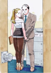 1boy 1girls age_difference ass blonde_hair blue_eyes female full_body hand_in_panties hand_in_pants high_heels leggings looking_back male marker_(medium) office original platform_heels ponytail sarah_(tekuho) skirt skirt_pull standing tekuho ugly_bastard ugly_man