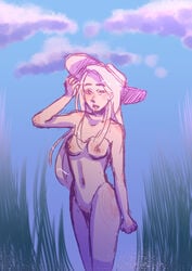 1girls artist_request beach belly_button blue breasts character_request female female_focus female_only freckles girly green hat long_hair naked naked_female nipples nude nude_female outdoors outside pink solo solo_female solo_focus tall_grass white_hair