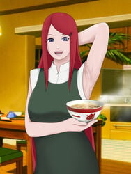 1girls armpit armpit_crease armpit_fetish armpit_peek armpit_sweat armpits body_odor dripping eyes female female_only fully_clothed herianforce holding holding_object kitchen kitchen_table mother naruto naruto_(series) naruto_shippuden noodles presenting_armpit ramen red_hair showing_armpits smile smiling smiling_at_viewer solo sweat sweat_drop sweat_drops sweatdrop uzumaki_kushina white_skin