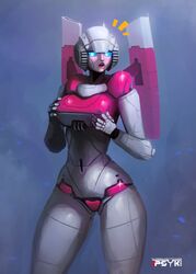 1girls alien alien_girl arcee big_penis blue_eyes breasts busty curvaceous curves curvy curvy_body curvy_female curvy_figure curvy_hips female female_only grabbing_own_breast machine panties pink_lips pink_lipstick pink_panties psyk323 robot robot_girl solo solo_female surprised transformers transformers_g1