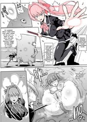 2girls 5koma ahe_gao anal anal_insertion anal_sex assimilation breasts comic dialogue english_text exposed_breasts exposed_pussy fan_no_hitori fight flesh_wall flesh_wall_creature frightened greyscale leggings legs living_wall magic magical_girl mind_broken monster monster_rape mound_of_flesh multiple_girls panties pantyhose pussy rape scared school_uniform schoolgirl shocked shocked_expression skirt stuck stuck_in_wall sword text text_box text_bubble wall wall_of_flesh