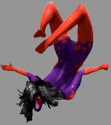 black_hair diving feet flying full_body furry long_hair looking_down naked orange_fur purple_eyes purple_fur purple_skin sackrany simple_background top-down_bottom-up top_down upside-down wolf