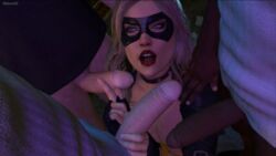 3d artist_request biker_clothes biker_gloves biker_jacket black_canary black_choker blonde_hair blowbang blue_eyes choker dark-skinned_male dark_skin dc dc_comics dinah_lance domino_mask faceless_male female fingerless_gloves gloves green_arrow_(series) hand_on_penis injustice_2 interracial looking_up multiple_boys multiple_penises on_knees red_lipstick