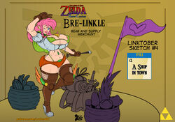 1girls big_lips bikini bimbo blue_eyes breasts breasts_bigger_than_head colored_pupils gloves high_heel_boots high_heels huge_breasts hyrule_warriors linkle lurkergg nintendo nipples_visible_through_clothing pink_hair pointy_ears short_shorts solo text the_legend_of_zelda thick_thighs thighhighs thighs thong watermark