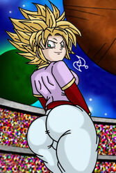 1girls 2d 2d_(artwork) big_ass blonde_hair blonde_hair_female blue_eyes dragon_ball dragon_ball_multiverse female looking_back omarsin pan_(dragon_ball) smirking solo solo_female super_saiyan tagme thick_thighs tight_pants