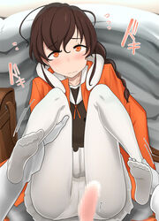 1boy admiral_(kantai_collection) bag bangs blur_censor blush braid brown_hair censored closed_mouth commission eyebrows_visible_through_hair feet female flying_sweatdrops gloves imminent_sex jacket kantai_collection legs long_hair long_sleeves messy_hair open_clothes open_jacket orange_eyes orange_jacket panties panties_over_pantyhose pantyhose penis single_braid sitting skeb_commission skirt solo_focus souya_(kantai_collection) straight sweat underwear urokozuki wavy_mouth white_gloves white_legwear white_panties white_skirt