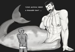 2boys anthro bait bara beard body_markings dark-skinned_male drawfag drawthread_request fish_tail gay interspecies looking_at_penis macro male male_only meme merfolk merman monochrome moustache muscles muscular muscular_male presenting_penis shorts_down size_difference sunglasses topless